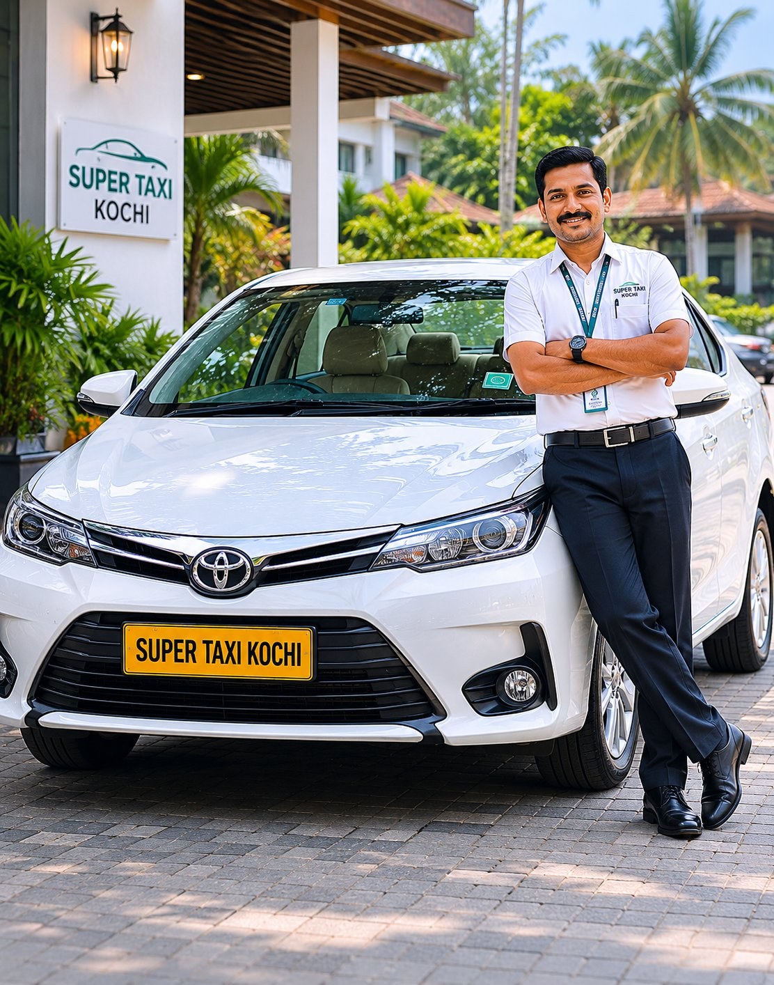 Professional uniformed Super Taxi Kochi chauffeur beside the branded cab